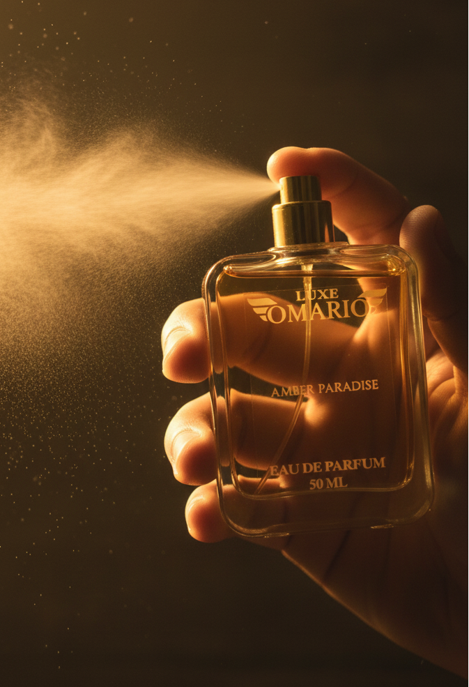 Hand holding a perfume bottle spraying a cloud of mist against a dark background