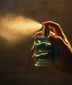 Hand holding a perfume bottle labeled 'MR. MARINE' spraying a mist against a dark background.