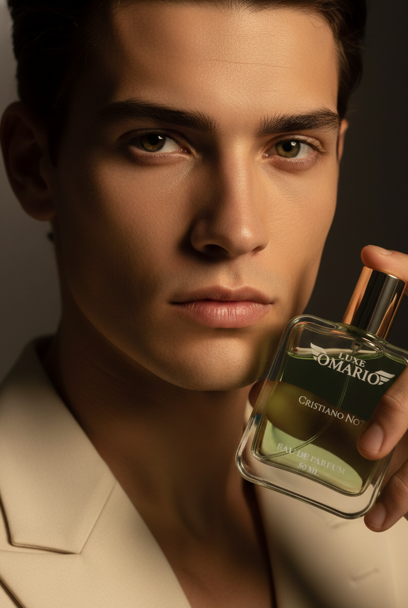 Man holding a bottle of L'Homme by Cristiano Polo against a dark background