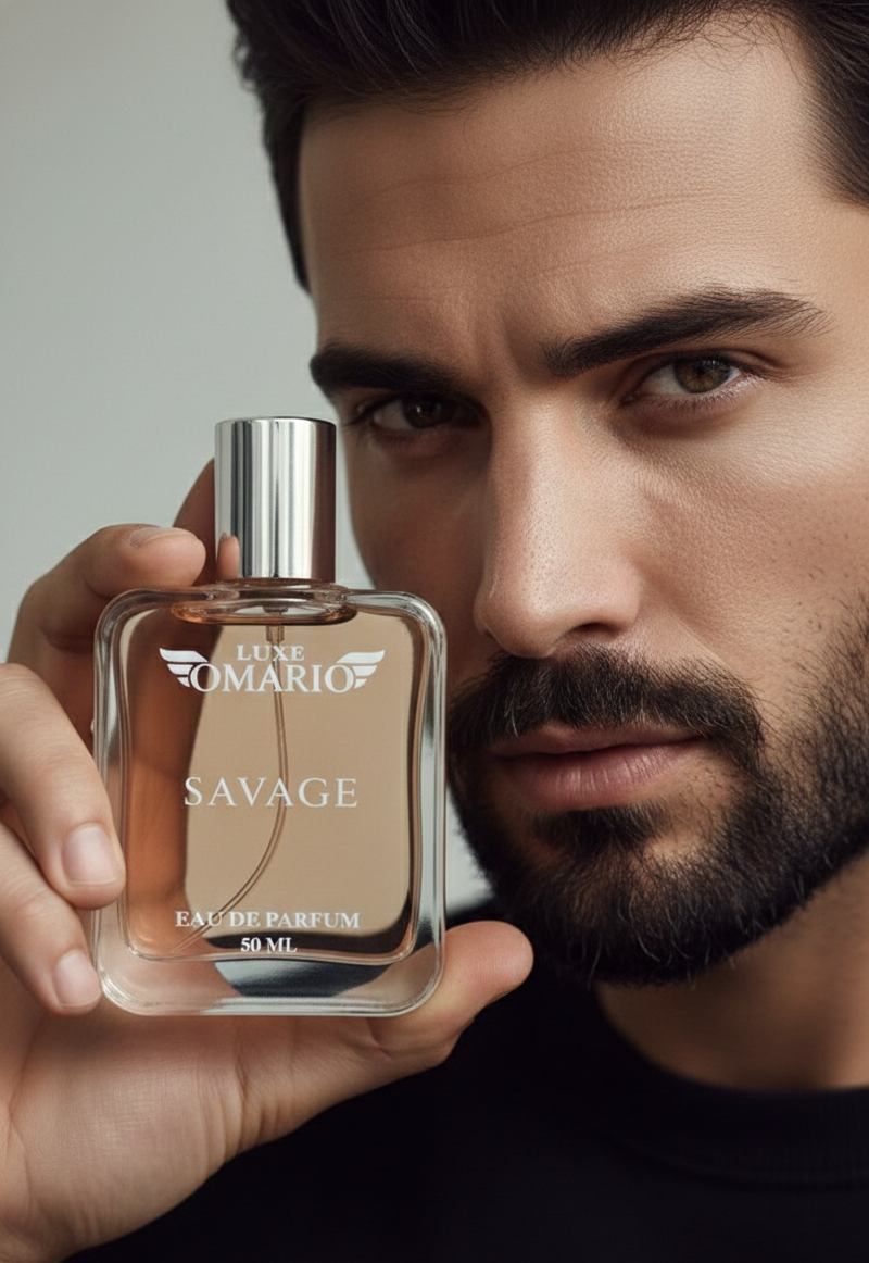 Man holding a bottle of 'Savage' perfume by Lorenzo Villoresi