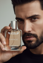 Man holding a bottle of 'Savage' perfume by Lorenzo Villoresi