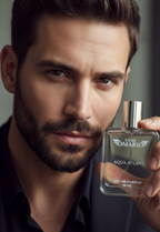 Man holding a Luxe Romario Aqua Atlantique perfume bottle